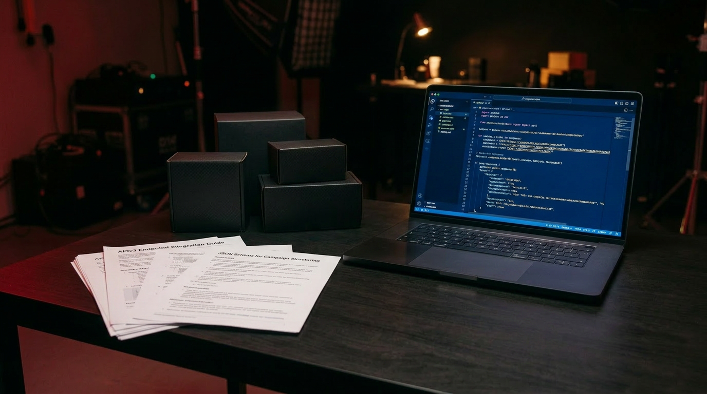 A code editor with API calls on a laptop beside technical docs in a dark studio
