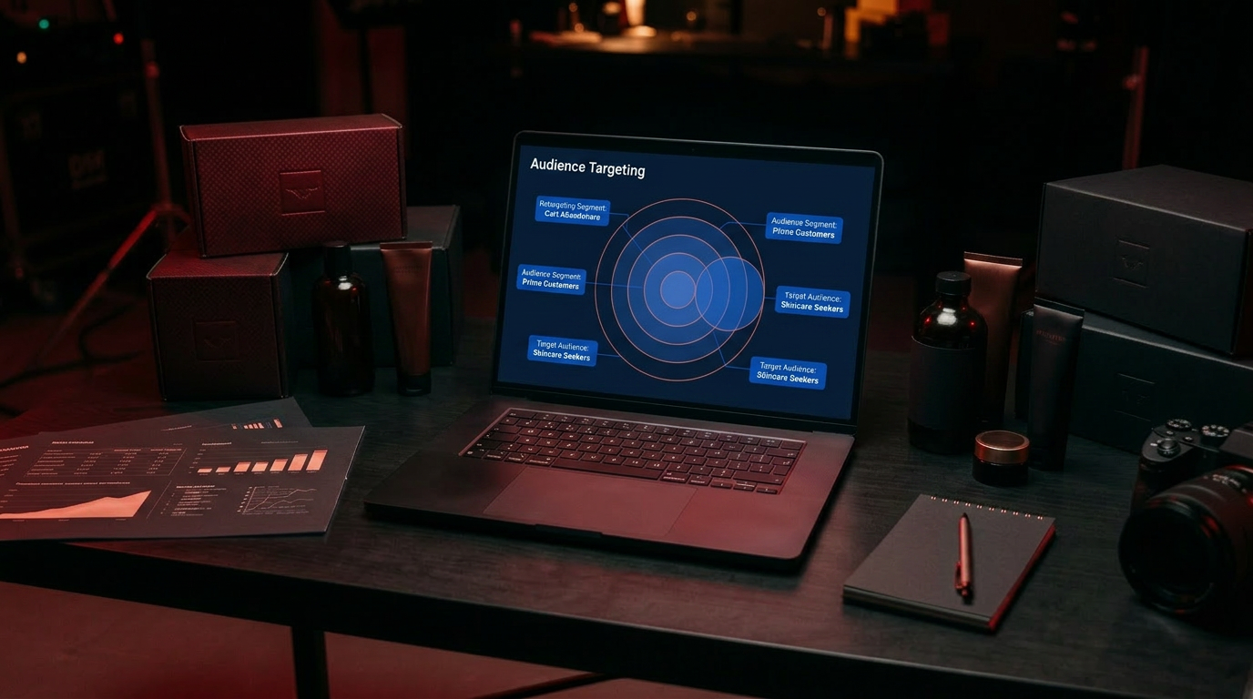 An audience-targeting screen with concentric segment rings on a laptop in a dark studio