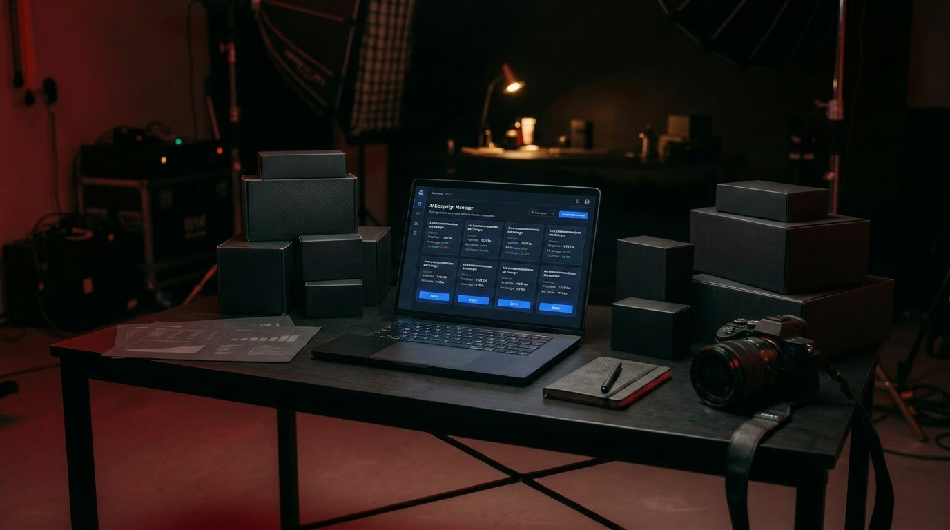 An AI campaign manager with recommendation cards on a laptop in a dark studio