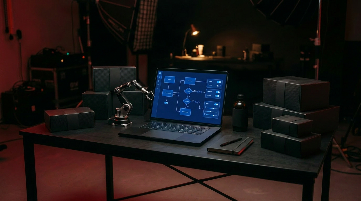 An automation flow diagram and a small robotic arm beside a laptop in a dark studio