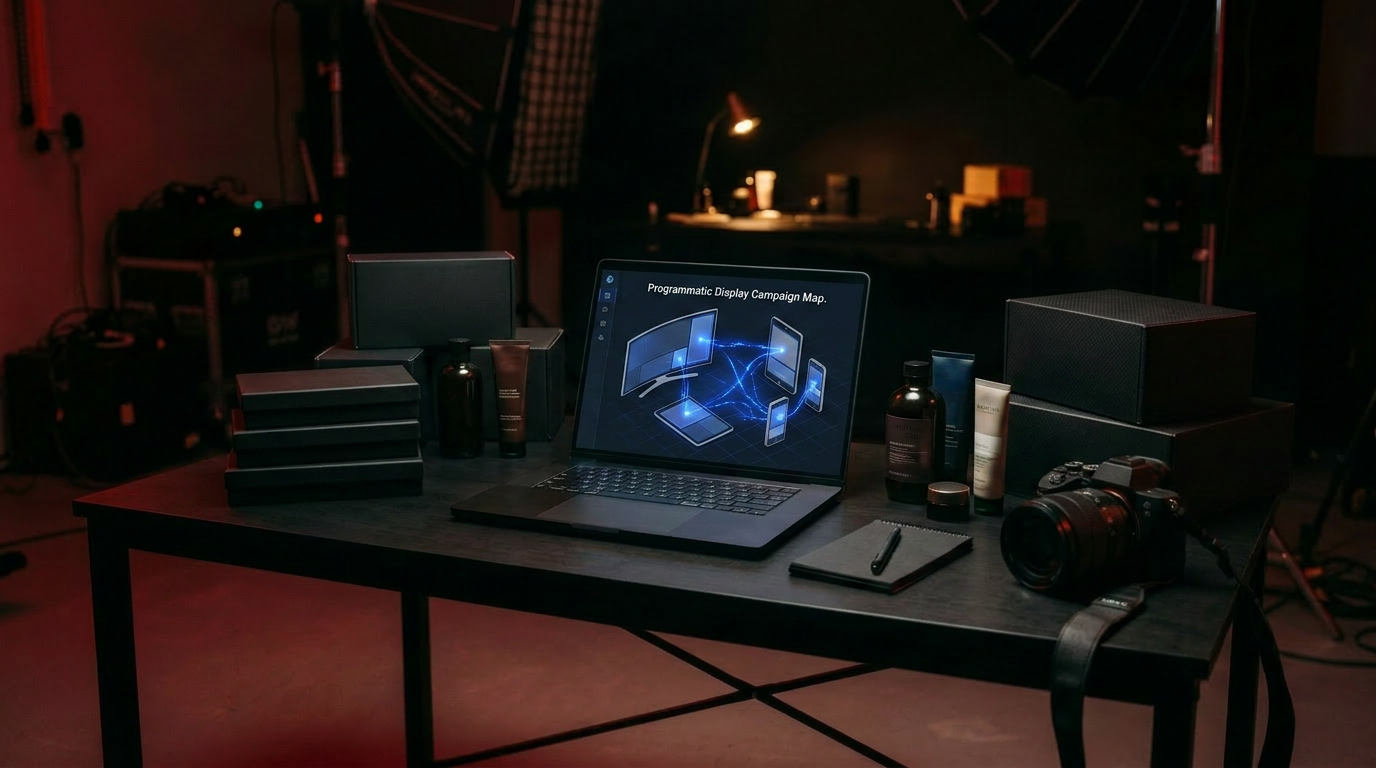 A programmatic display campaign map spread across phone, tablet, and TV mockups on a laptop in a dark studio