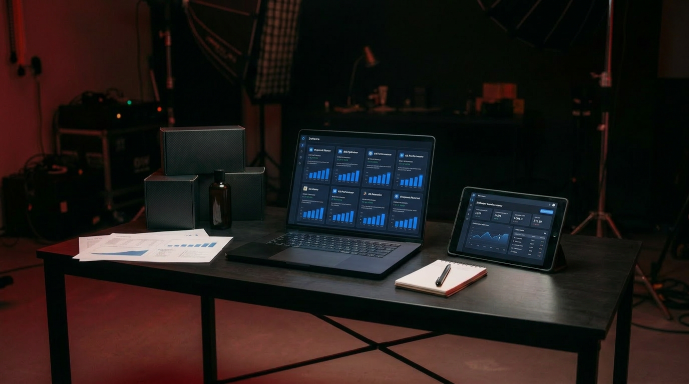 A grid of software tools compared on a laptop and tablet in a dark studio
