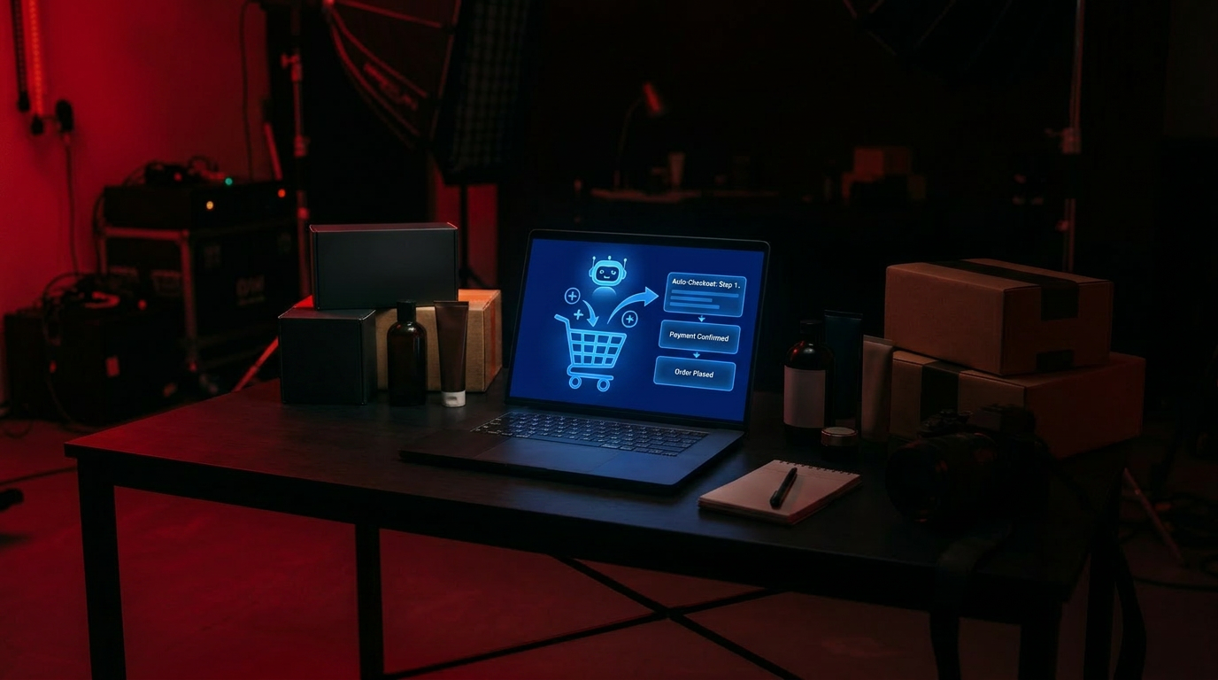 An AI shopping agent auto-filling a cart on a laptop in a dark studio