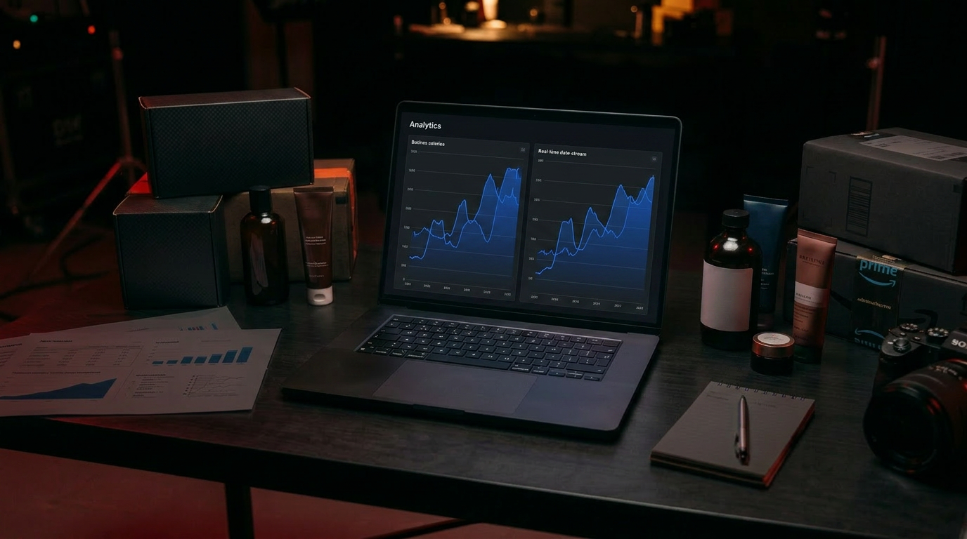 Two real-time data-stream dashboards side by side on a laptop in a dark studio