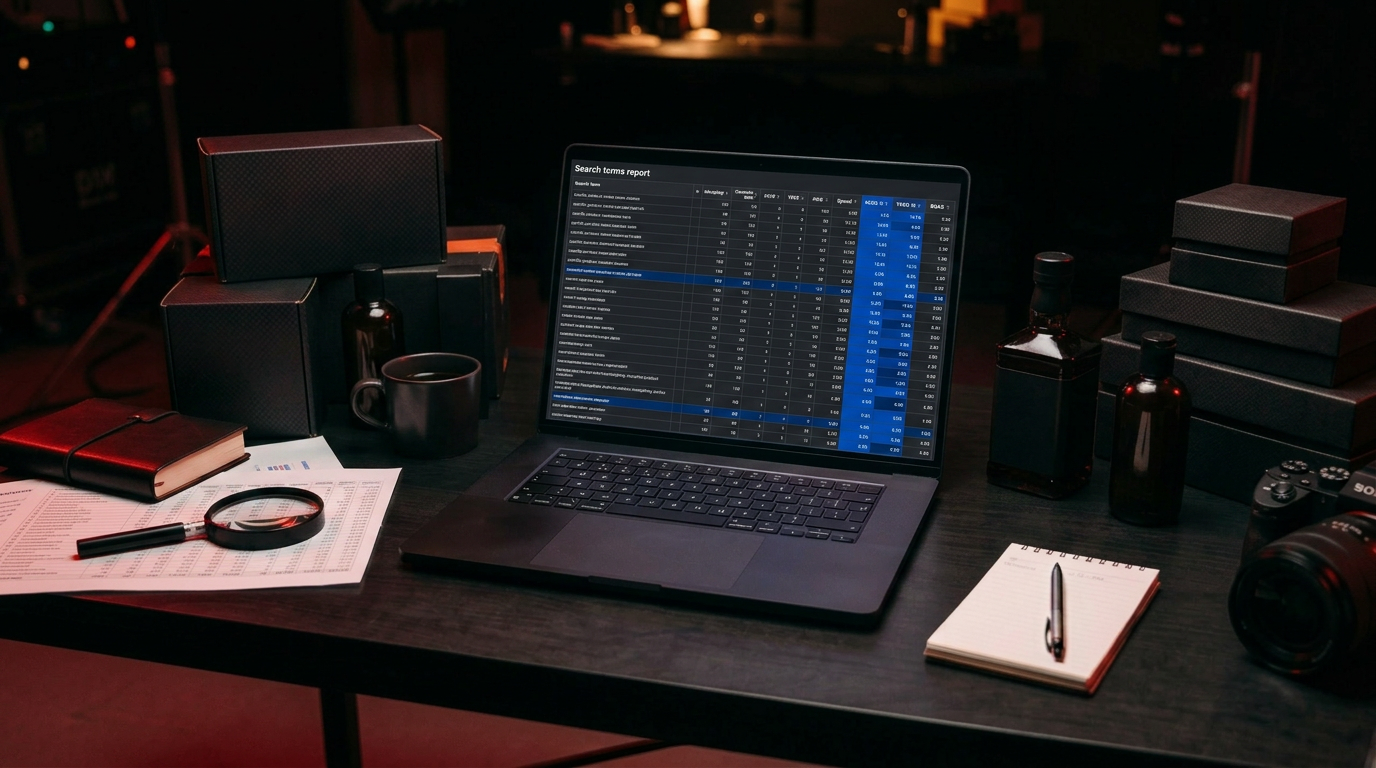A dense search-term report on a laptop with a magnifier on printed sheets in a dark studio