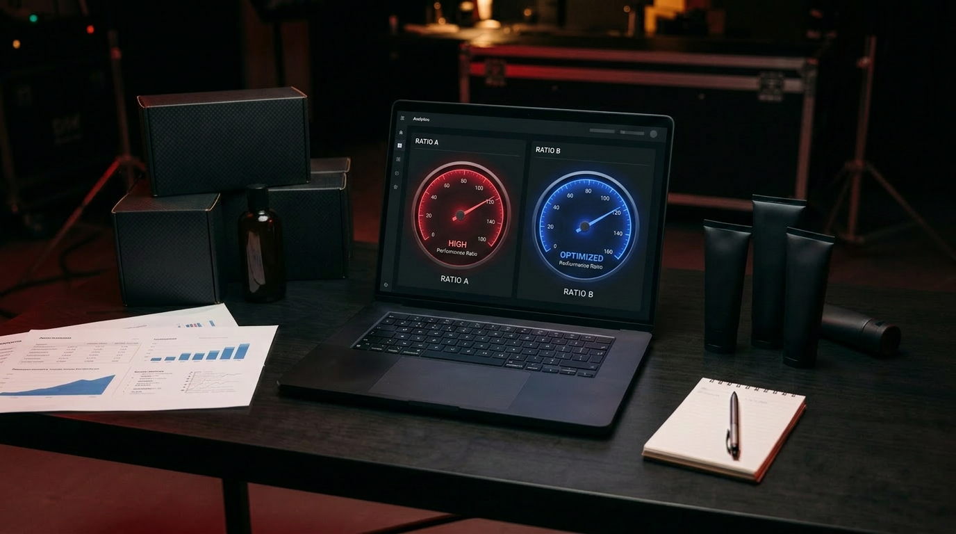 Two metric gauge dials, one red and one blue, on a laptop in a dark studio