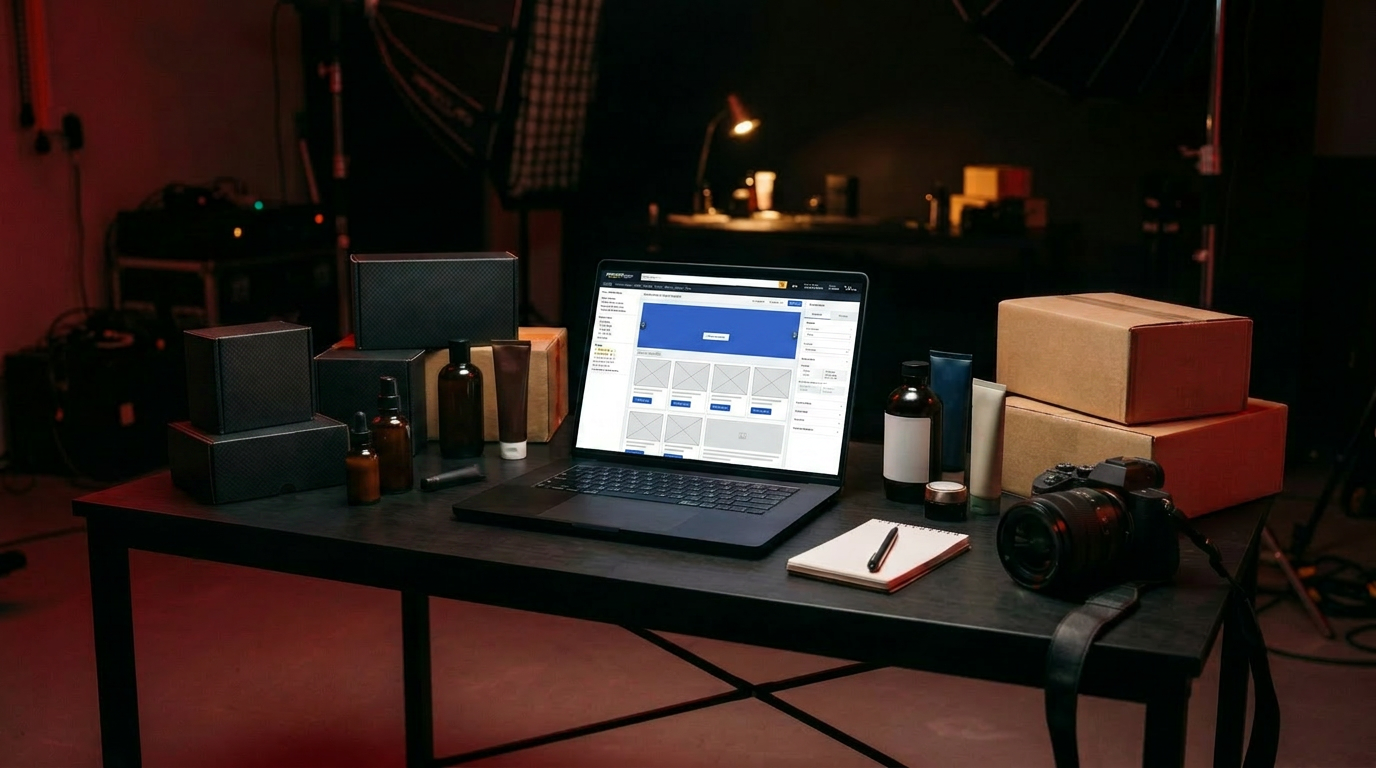 A brand storefront page builder with drag-and-drop tiles on a laptop in a dark studio