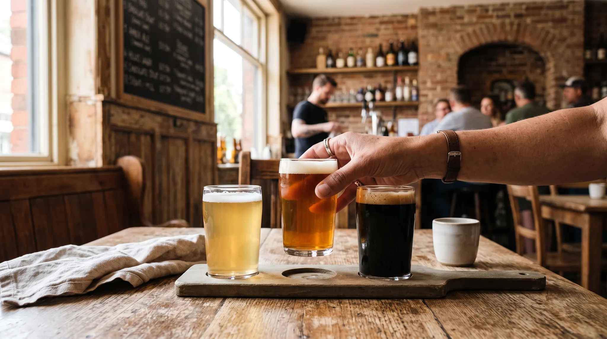 A graduated beer tasting flight moves from pale lager to amber ale to dark stout on a warm taproom table, illustrating ABV differences.