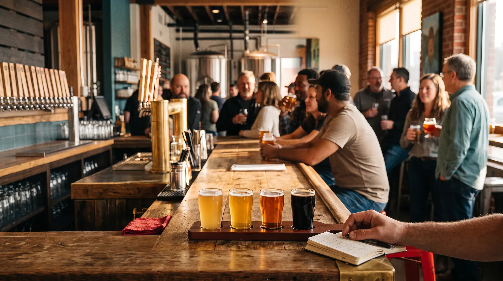 Four small craft beer pours on a wooden flight board beside a tasting notebook in a taproom