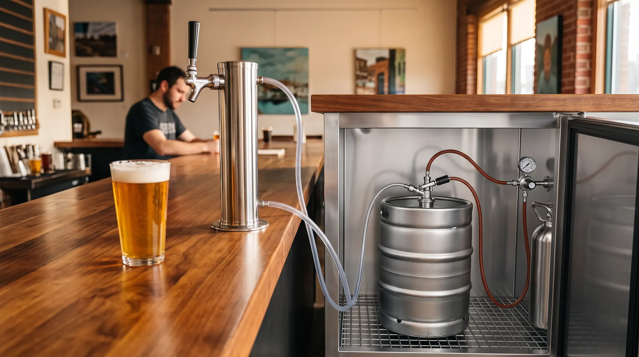 A bartender draws golden beer from an unbranded stainless steel tap in an independent taproom