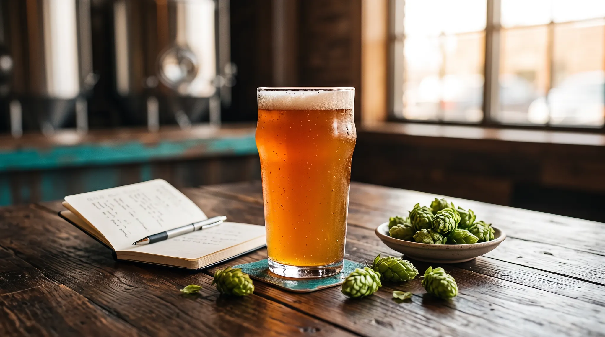 A pint of amber IPA with hop cones and a tasting notebook on a taproom table