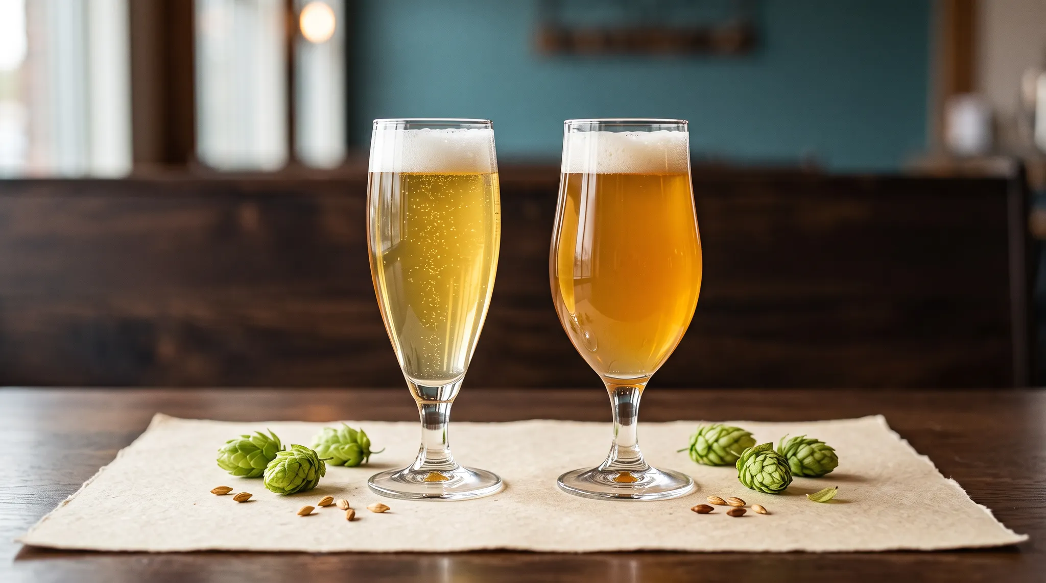 Two pale lager glasses side by side with hops and grain on a cream tasting mat
