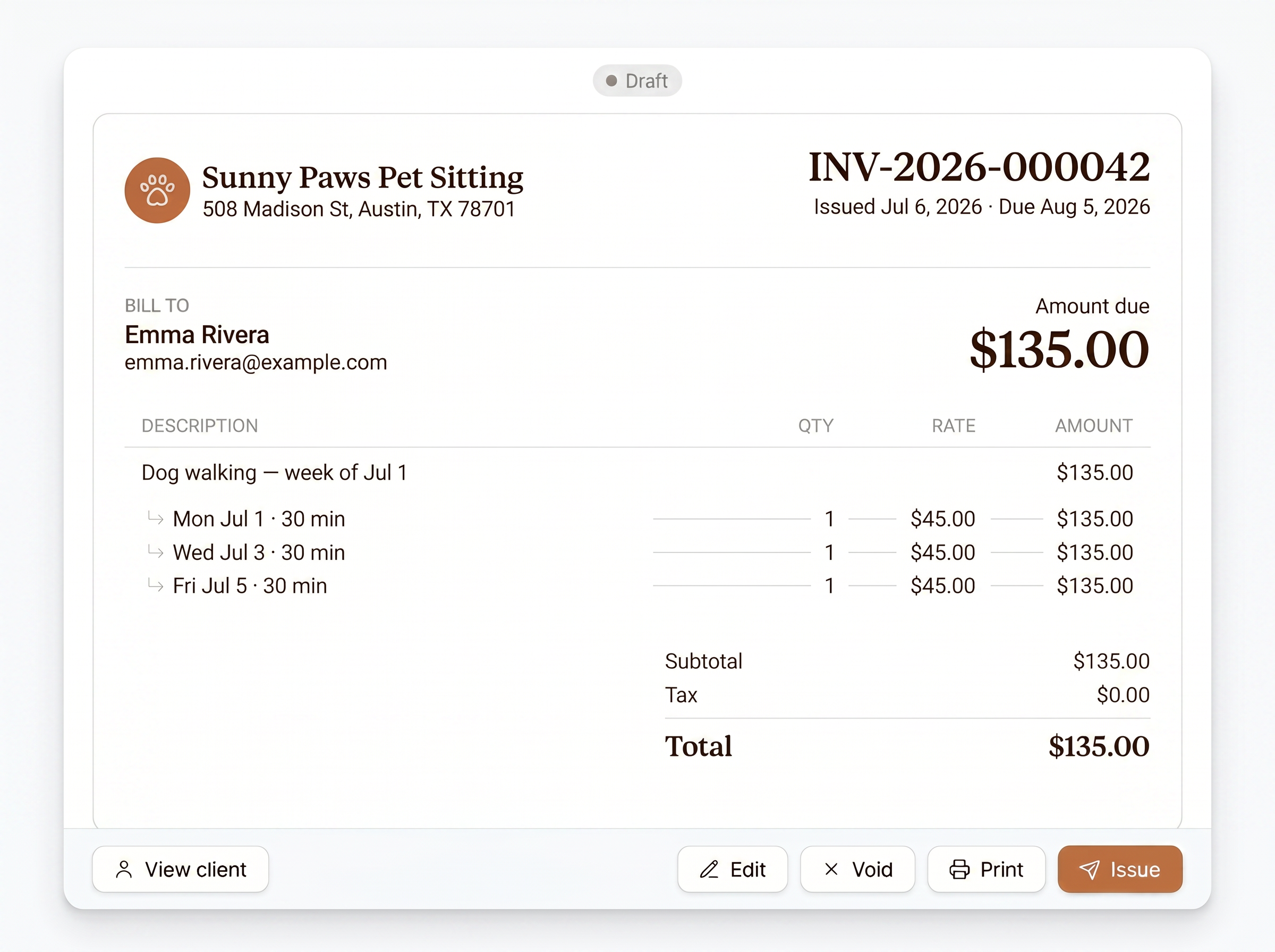 Pet Professionals invoice for Sunny Paws showing itemized visits and total