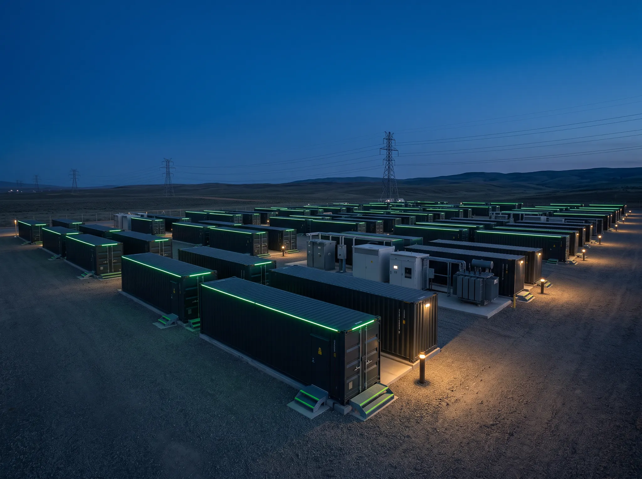 Conceptual grid-scale battery storage facility connected to power infrastructure