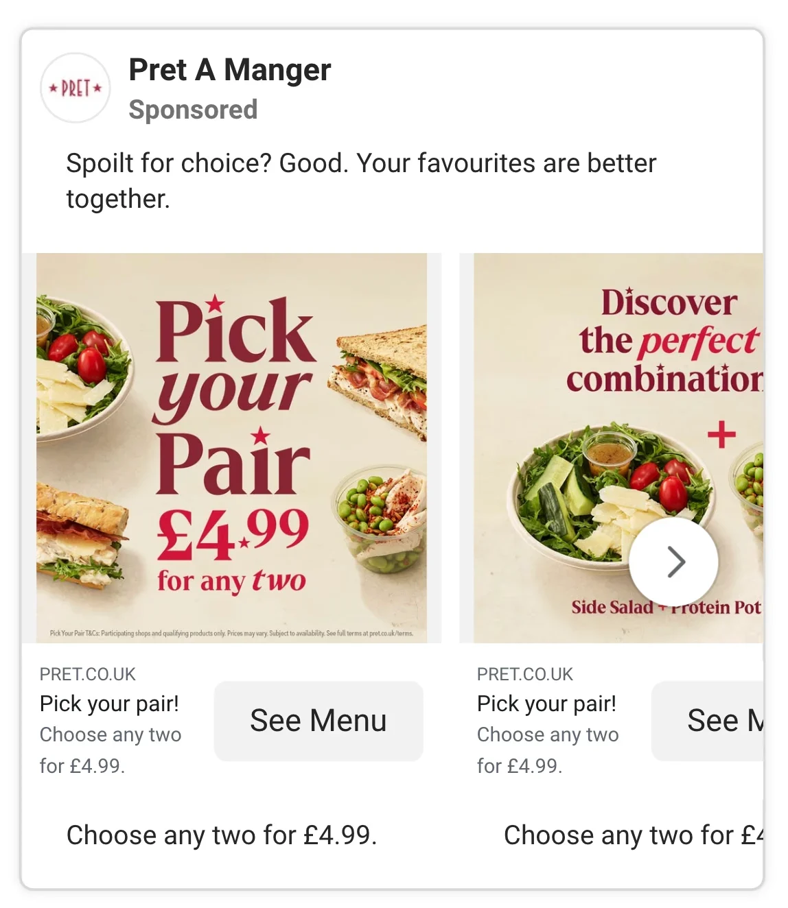 Pret A Manger Meta ad example