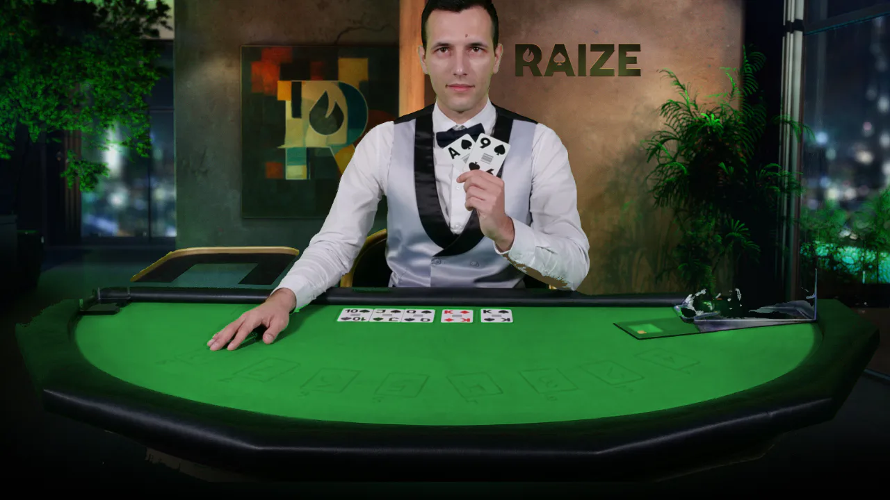 A RAIZE dealer in a waistcoat holding cards at a live poker table in the RAIZE studio