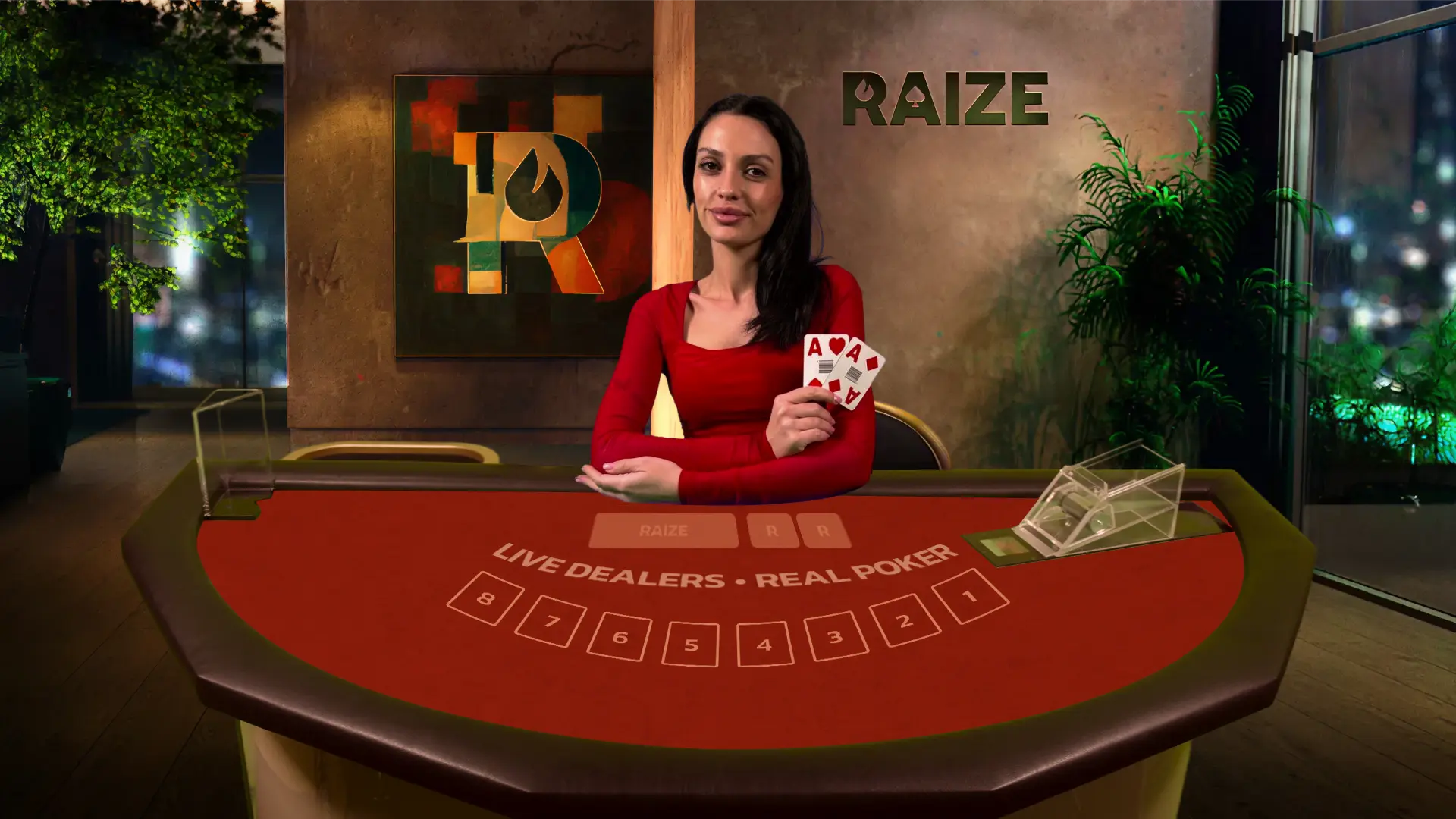 A RAIZE dealer in a red dress holding two aces at a red felt table in the studio
