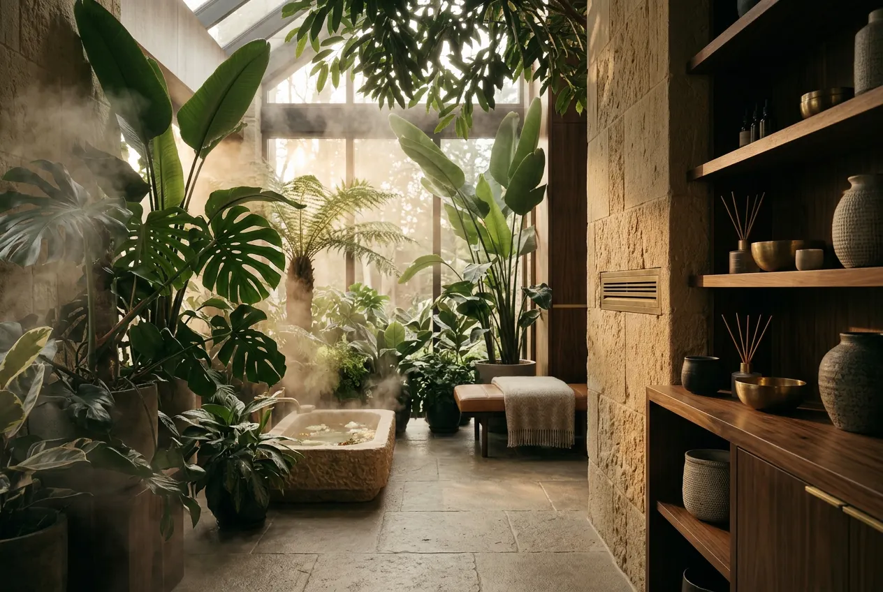 An indoor conservatory and wellness space with lush plants and soft humidity in warm filtered daylight