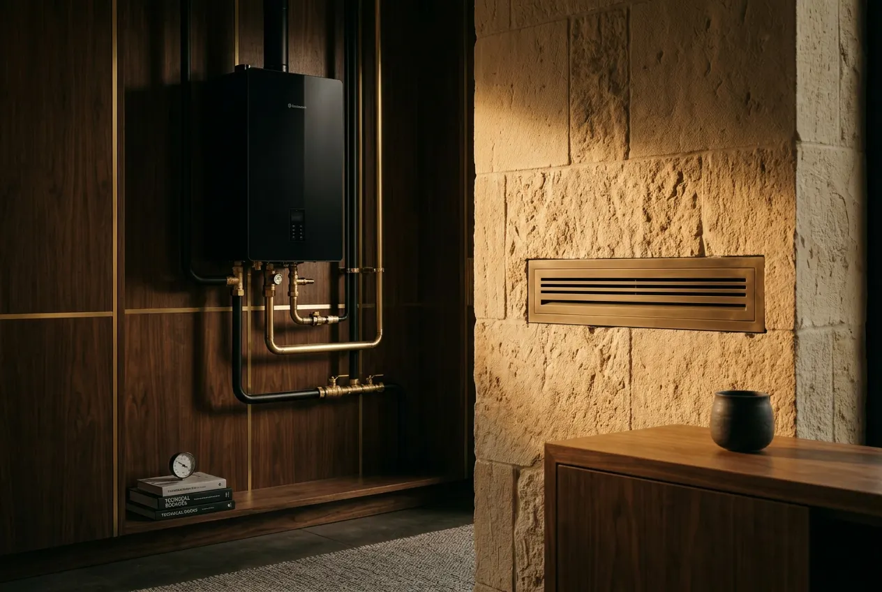 A refined home mechanical room with a sleek wall-mounted tankless water heater and brushed-brass piping