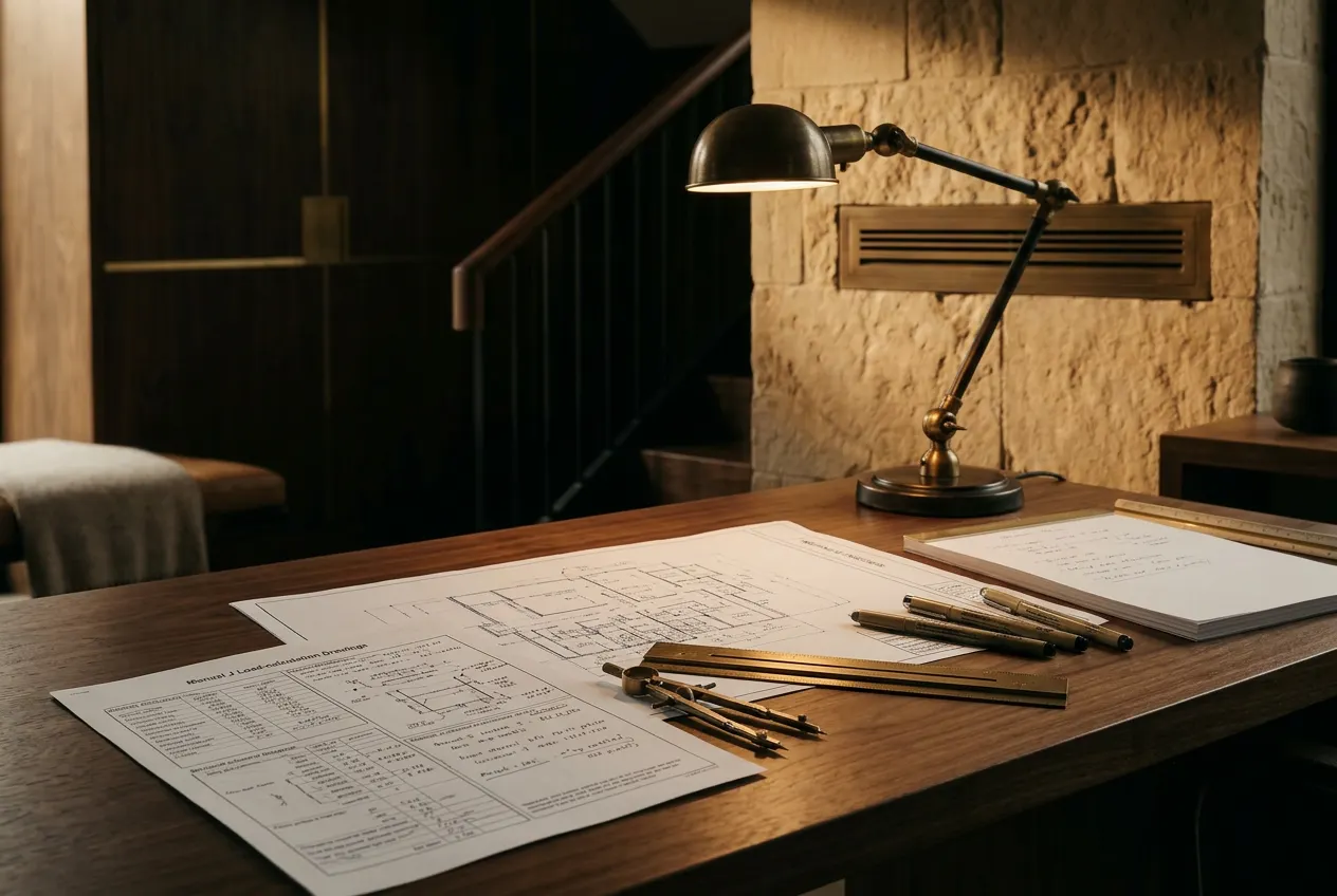 An architect's walnut desk with mechanical design blueprints and Manual J load calculations under warm task light