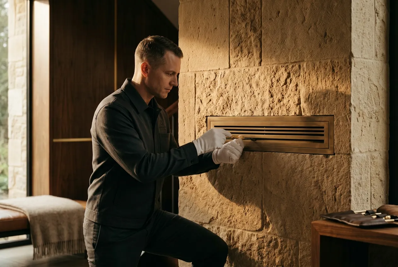 A white-glove technician in a pressed uniform precisely servicing a brushed-brass system panel in a refined home hallway