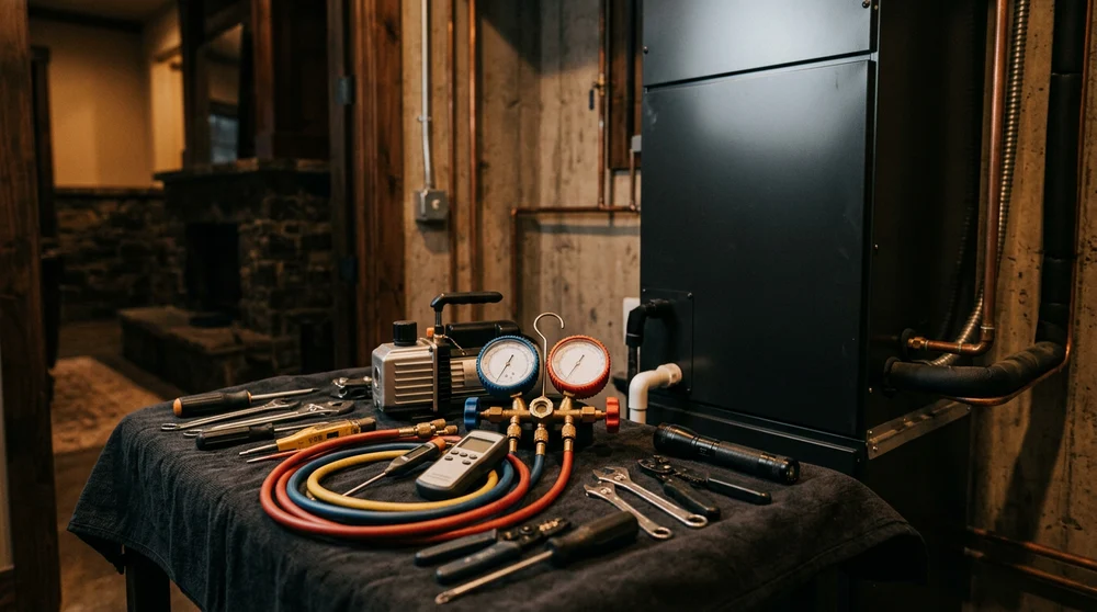 Illustrative diagnostic gauges and hand tools beside a closed equipment cabinet