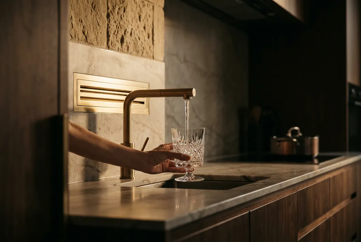 Crystal-clear water pouring into a cut-crystal glass at a brushed-brass tap in a refined walnut and marble kitchen