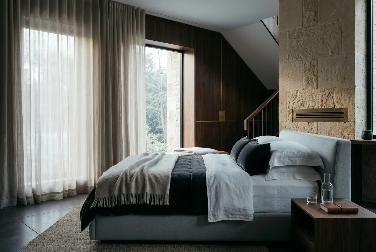 A serene primary bedroom at dawn with soft clean light through sheer linen, evoking pure fresh air