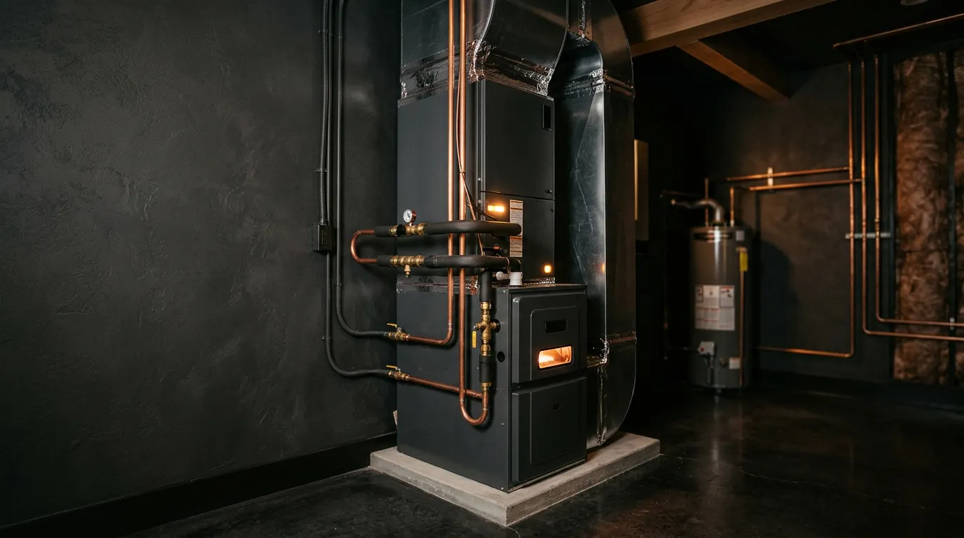 A high-end furnace and air handler in an immaculate mechanical room with copper lines