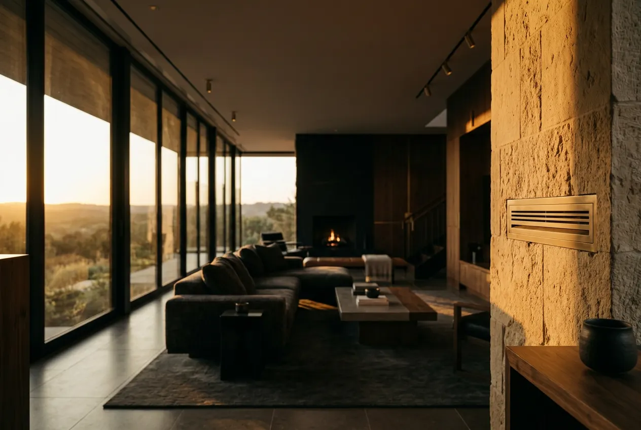 Illustrative contemporary living room with tall windows and an air grille