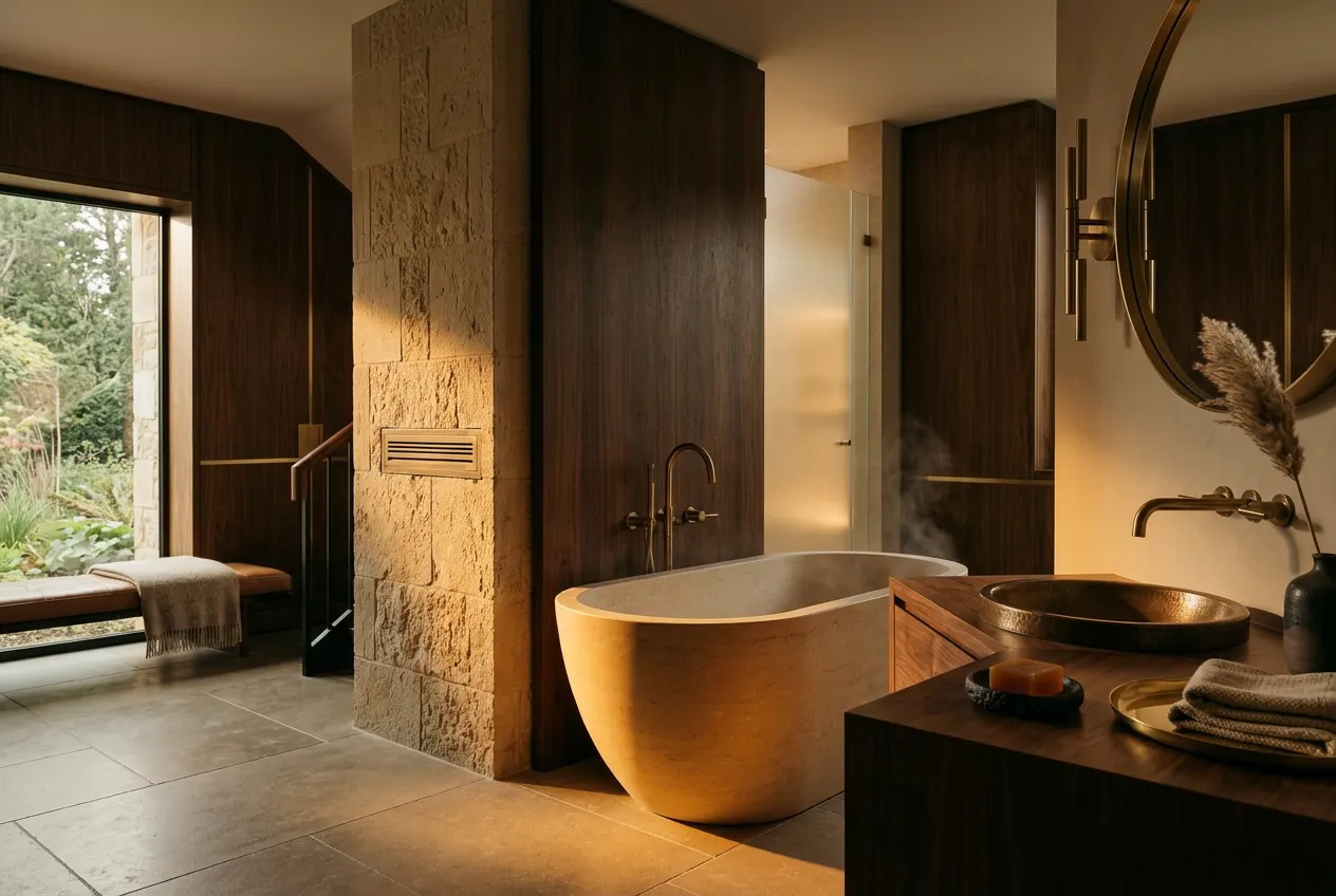 A refined spa bathroom with brushed-brass fixtures, a freestanding honed-stone tub, and limestone walls in warm light