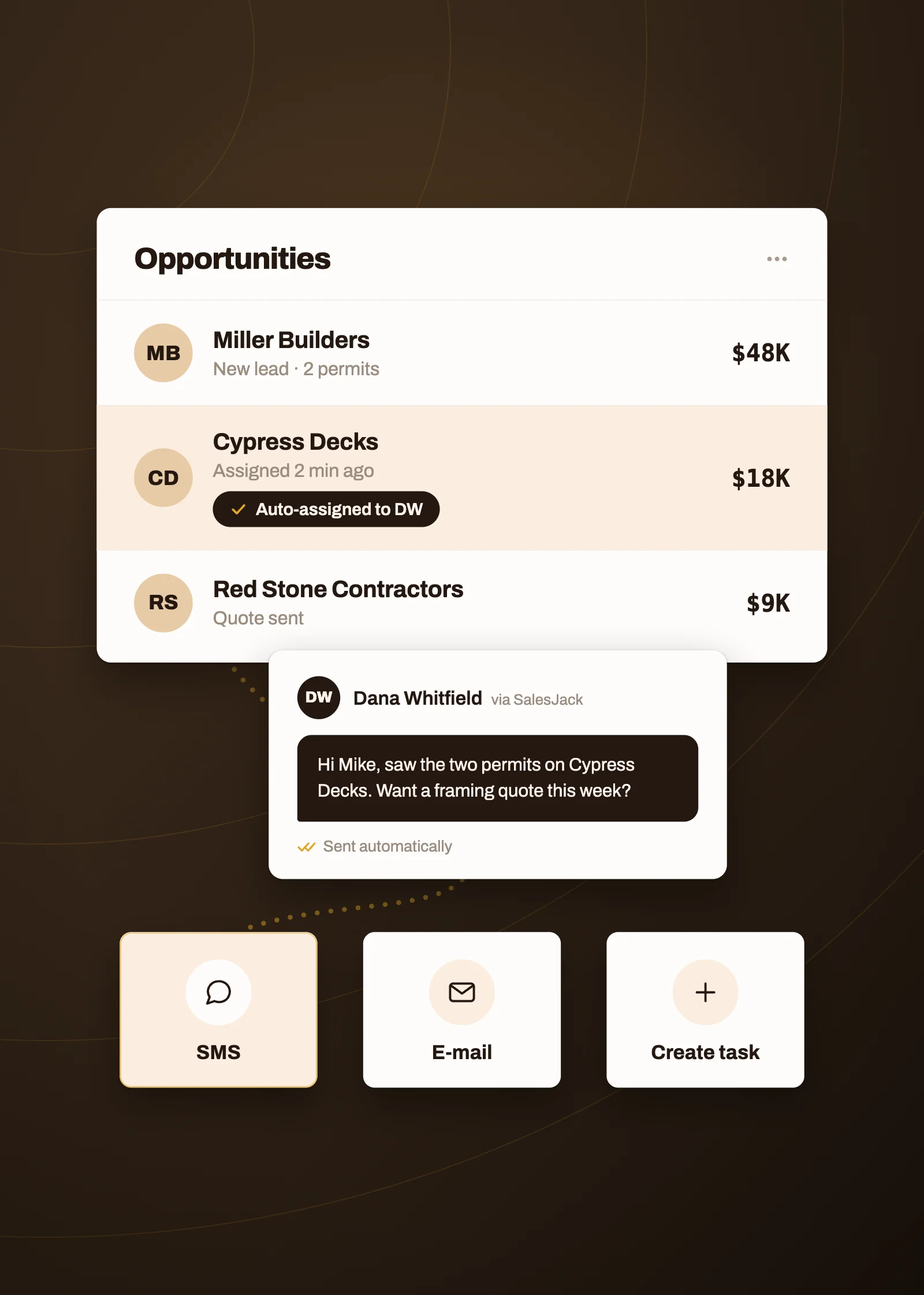 SalesJack CRM opportunities, automated outreach, and follow-up actions