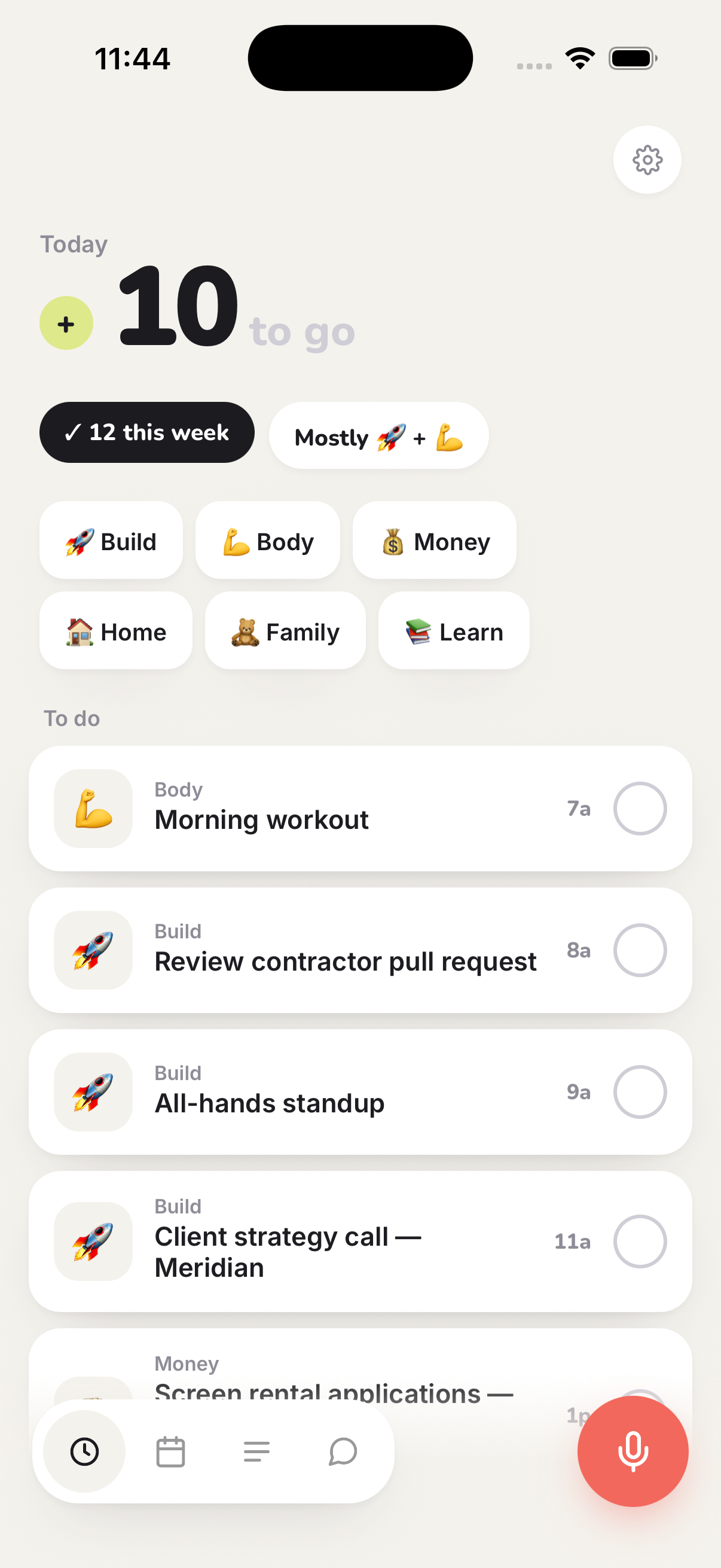 Drift Today screen organizing tasks by life area and time