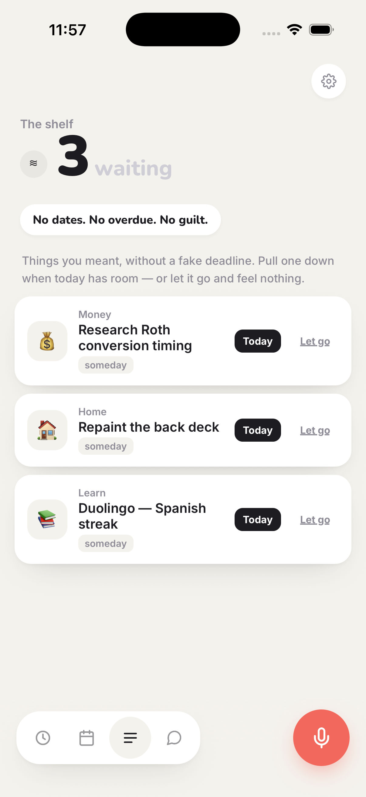 Drift Shelf with date-free someday tasks