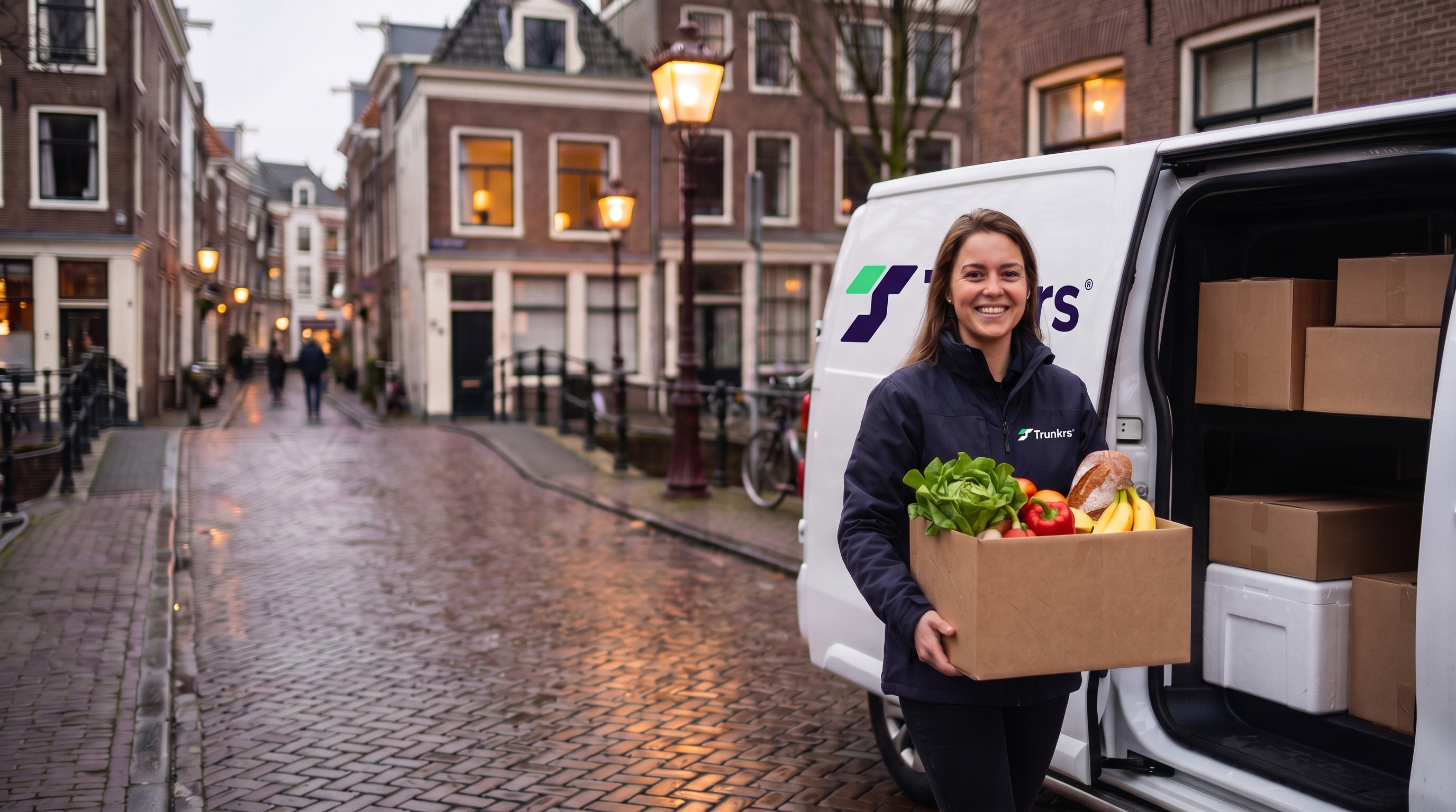 Vriendelijke Trunkrs-bezorger met kartonnen box vol verse boodschappen naast een witte Trunkrs-bestelbus in de stad