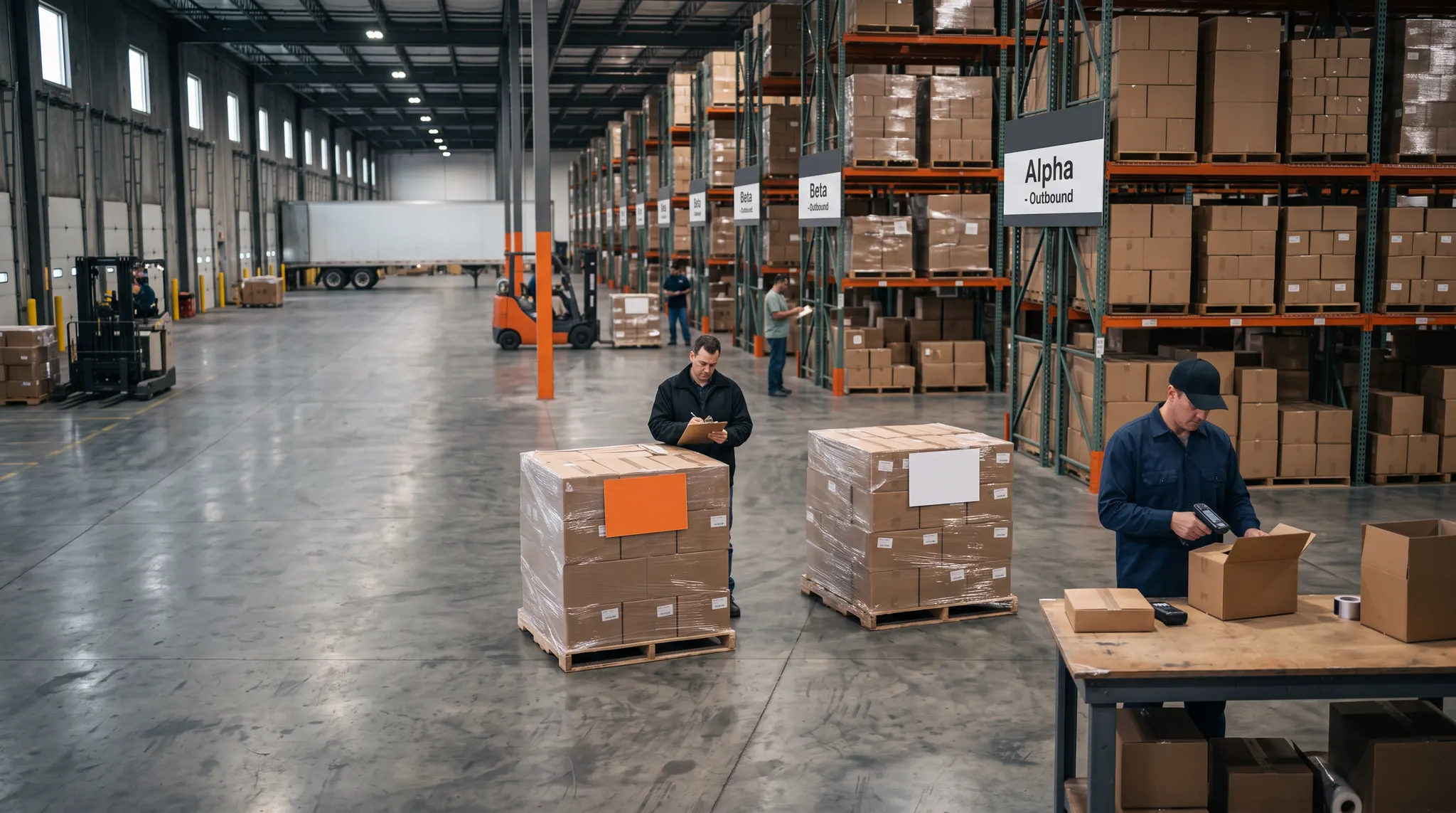 Two groups of outbound pallets staged for separate marketplace fulfillment networks