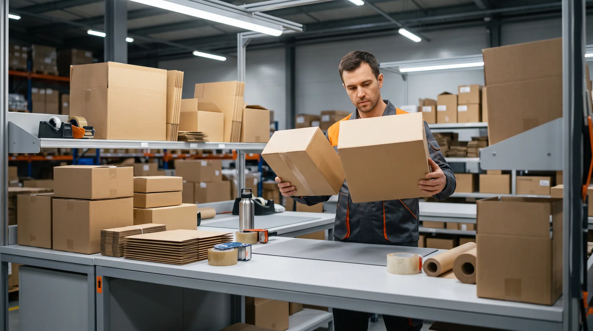 Fulfillment worker comparing two carton sizes at an ecommerce packing station