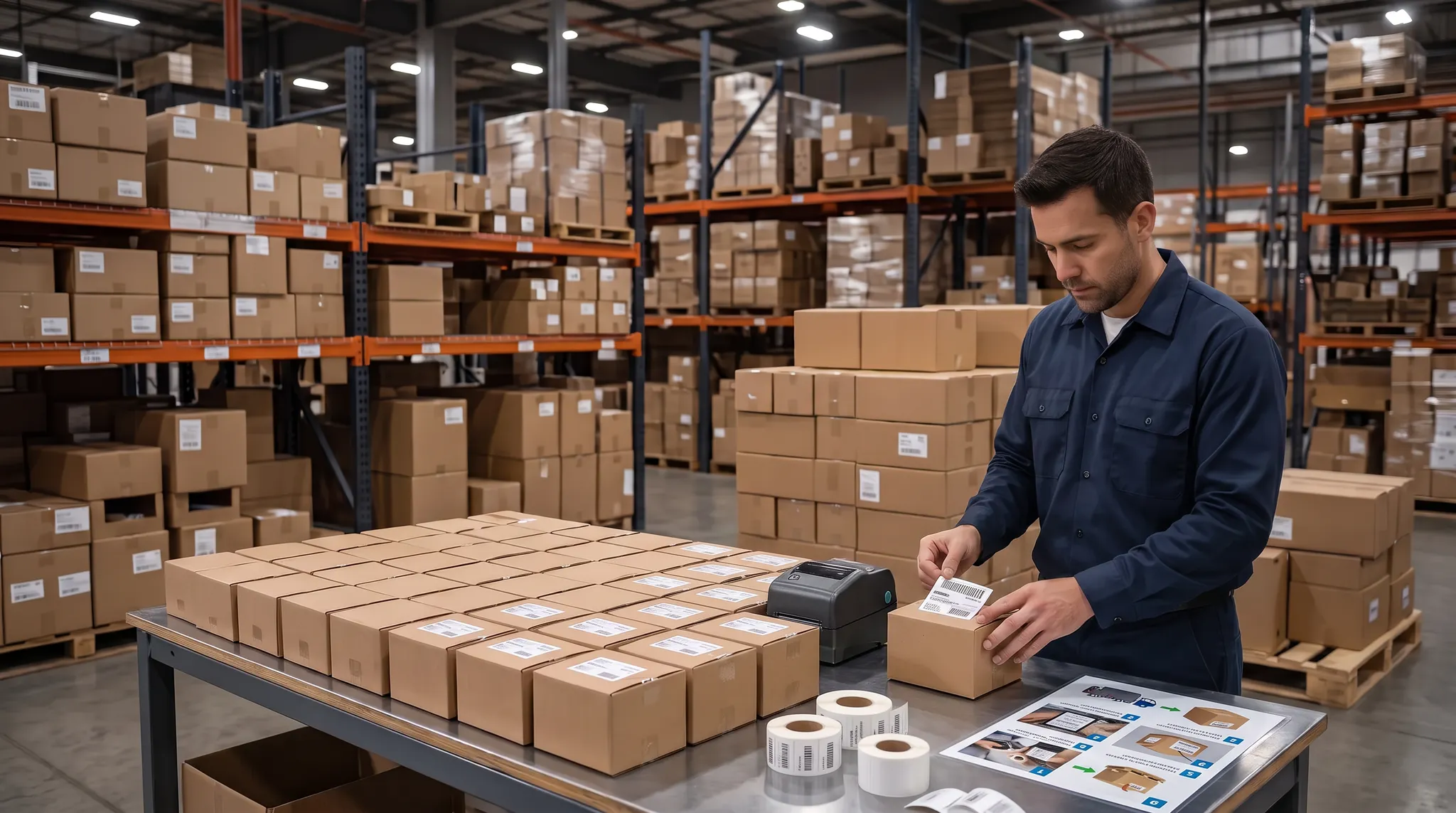 Warehouse specialist applying a marketplace prep label to a carton