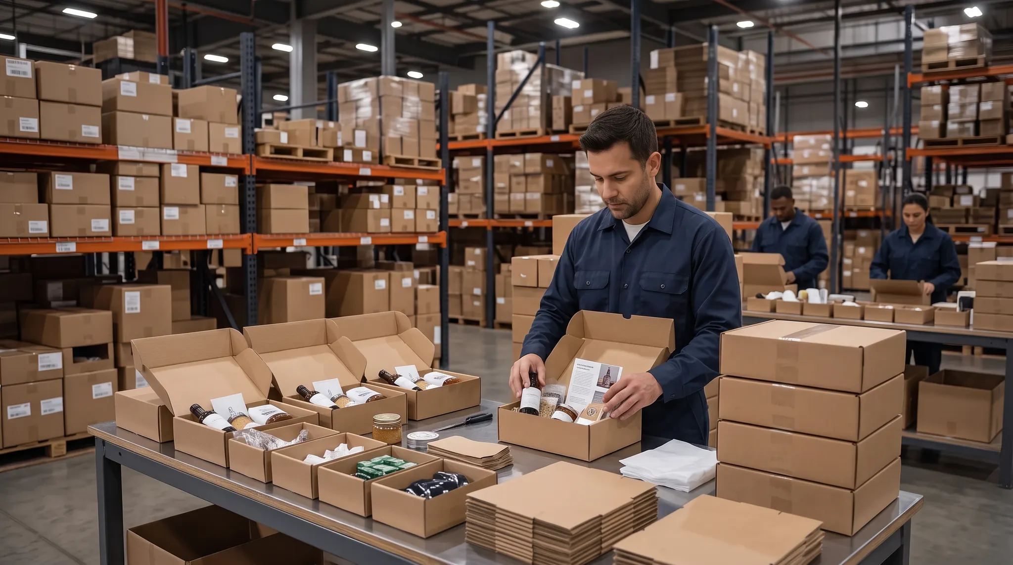 Warehouse team assembling and checking ecommerce product kits