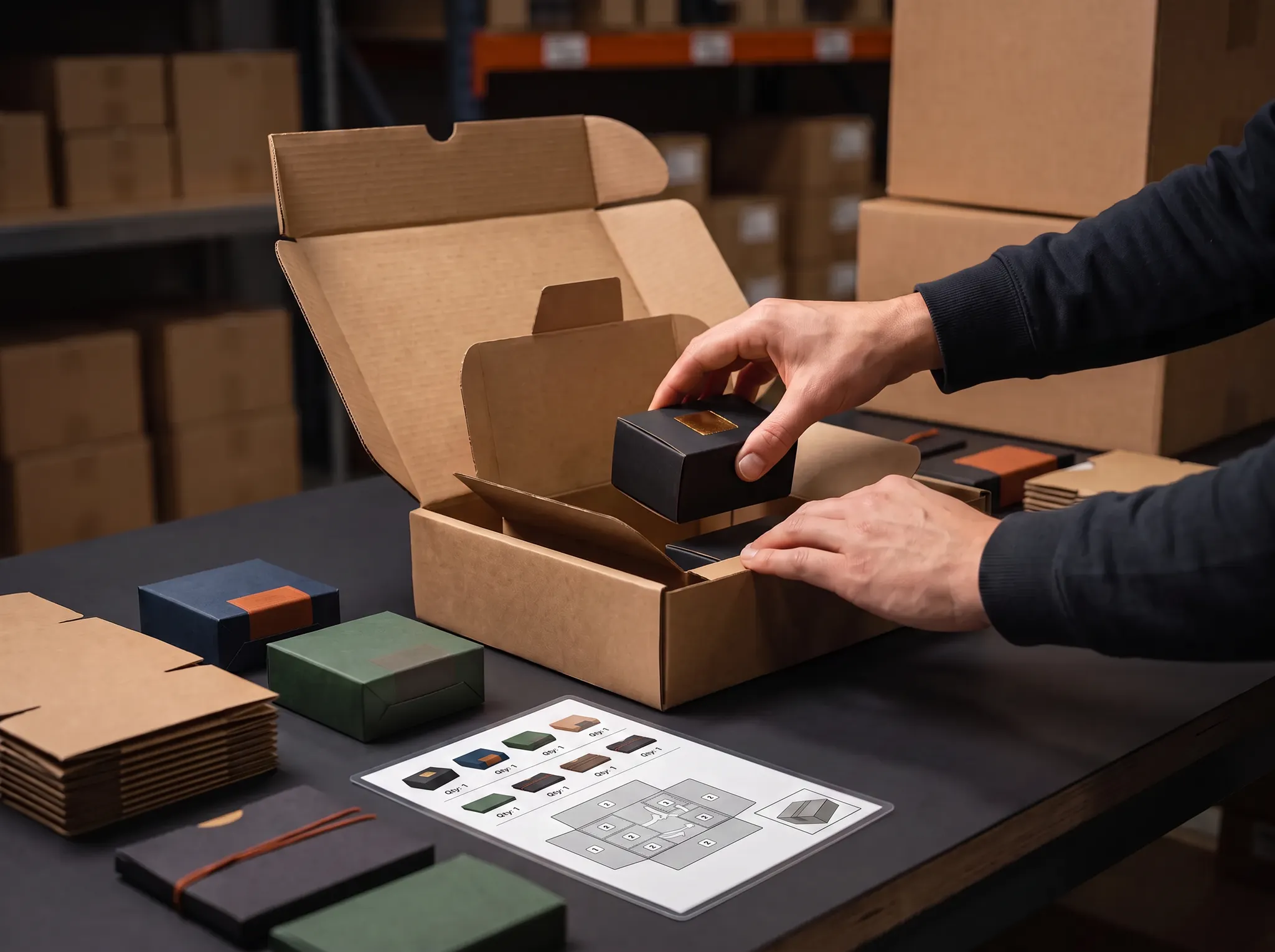 Warehouse specialist applying a marketplace prep label to a carton