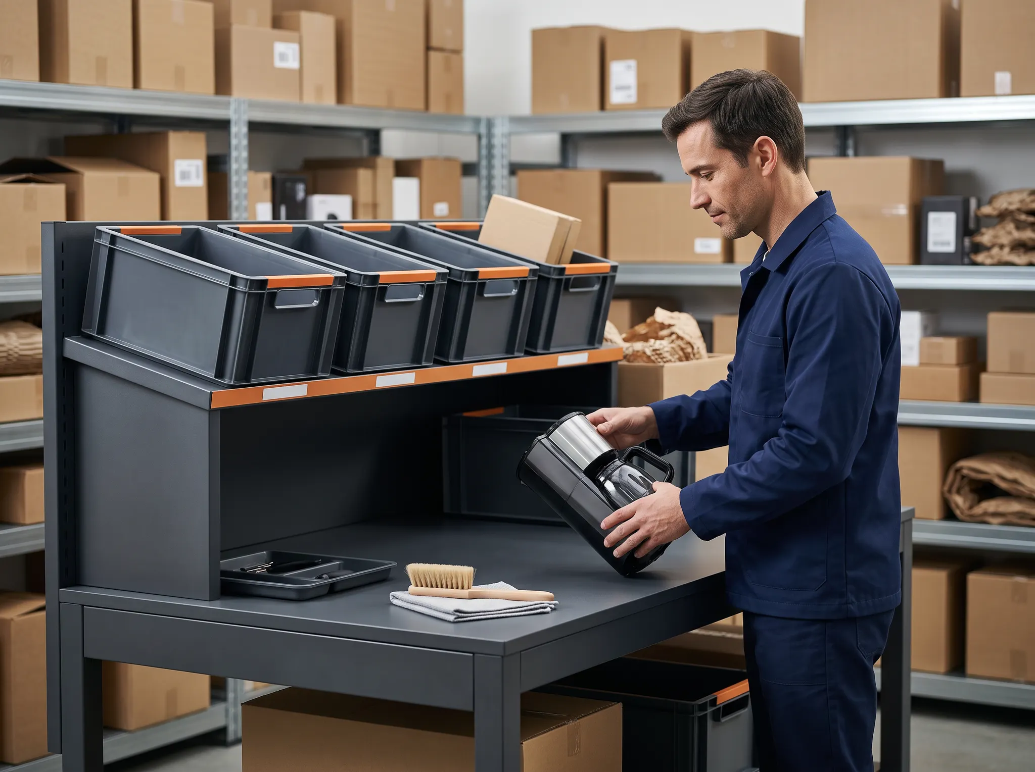 Illustrative warehouse specialist examining a returned appliance beside inspection bins