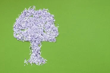 Tree shape made from shredded white paper on green background