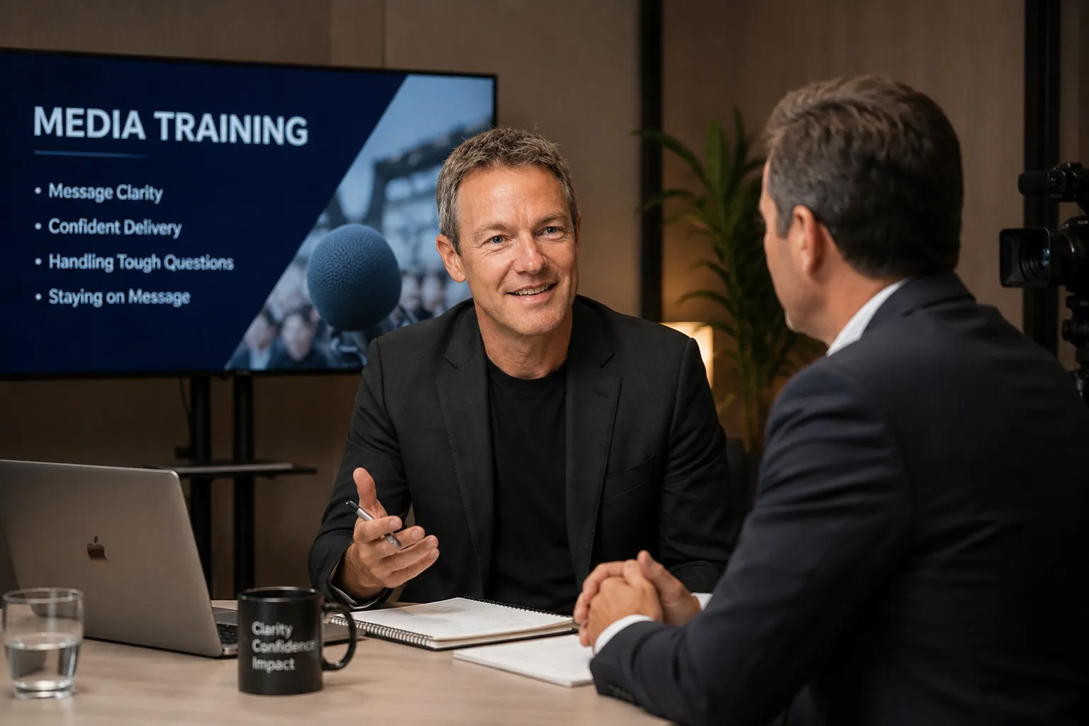 Senior executive participating in an on-camera media interview rehearsal
