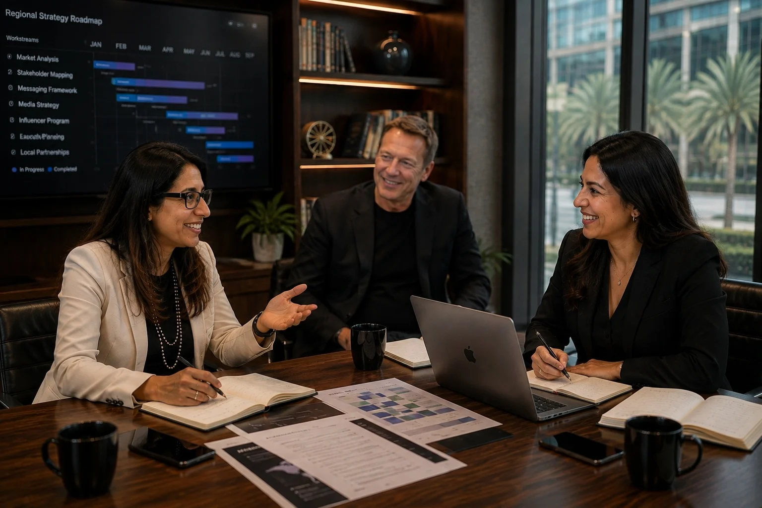 Senior technology executive in discussion with a Middle East communications advisor