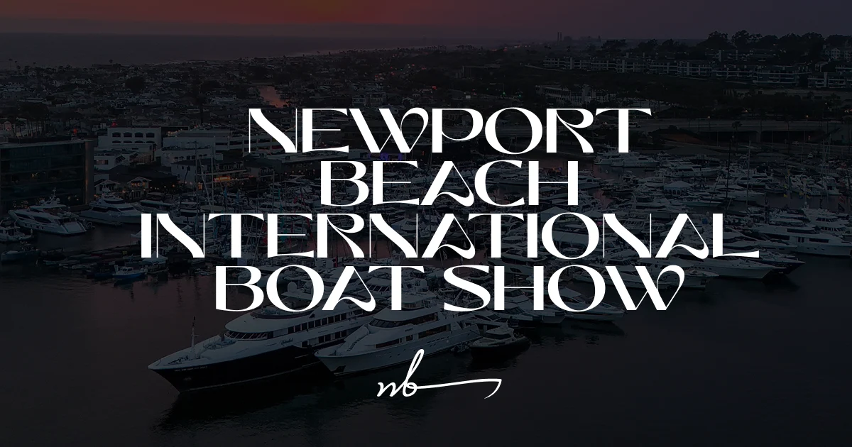 Official Newport Beach International Boat Show artwork over an aerial view of the marina