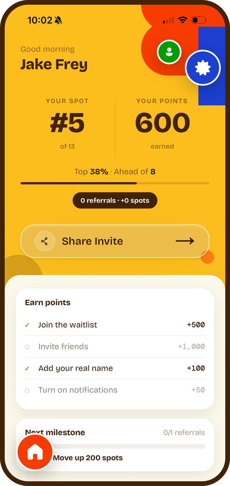 AllyUp app — your spot in line ranked #5, points earned, and tasks to climb the board