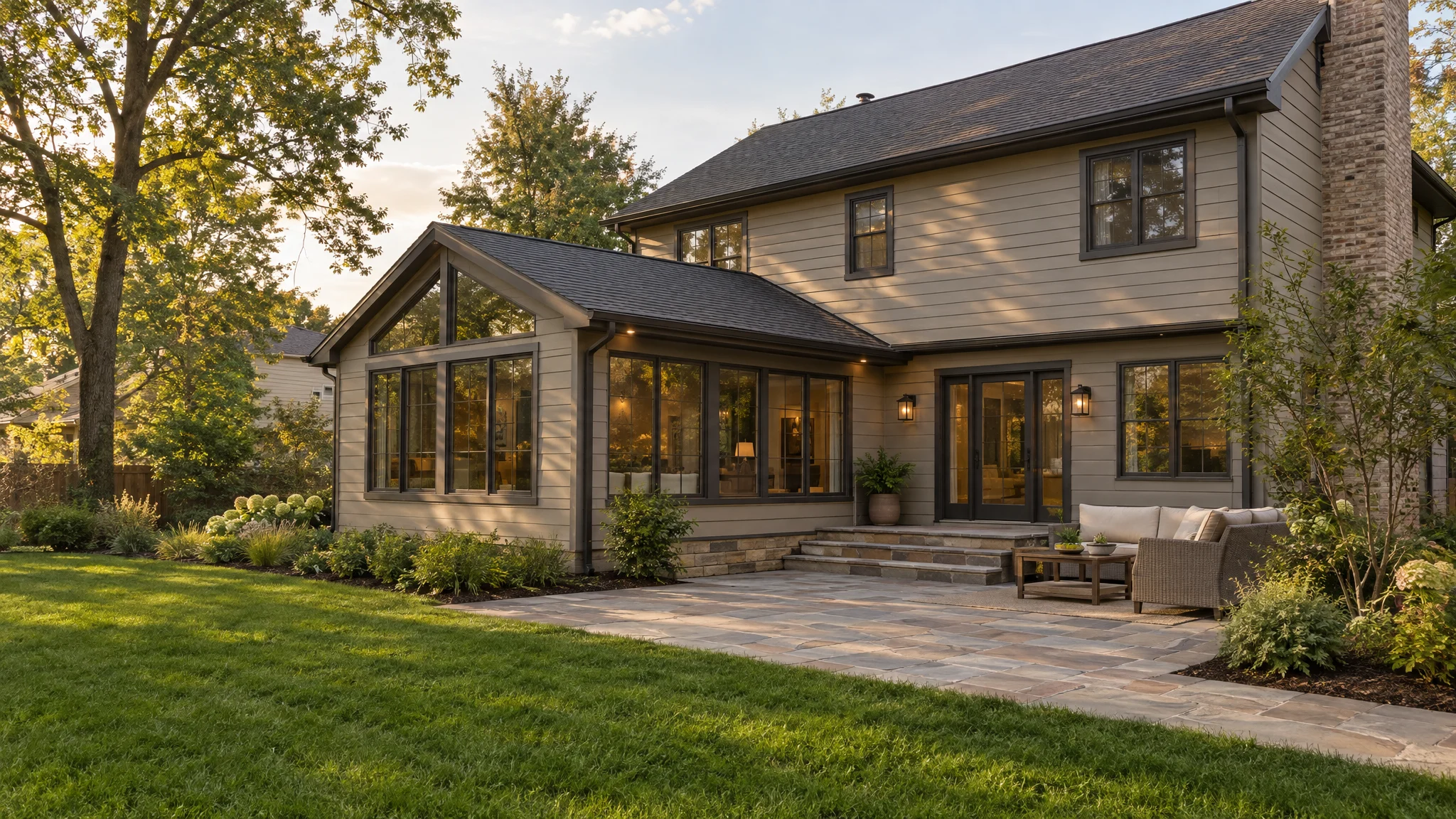 Illustrative two-story home with a matching single-story rear addition and stone patio; not a completed Three Strands project