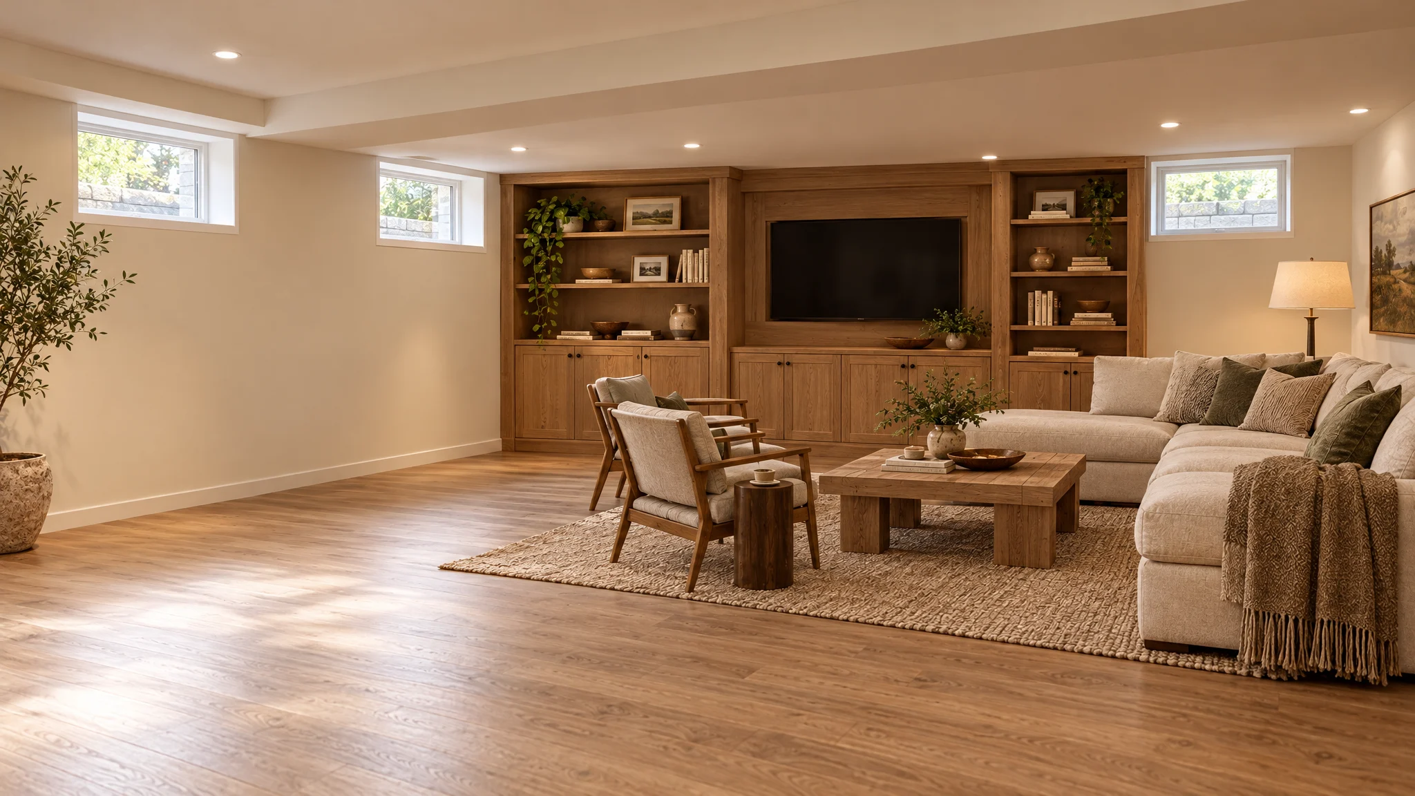 Illustrative finished basement family room with built-in oak shelving; not a completed Three Strands project
