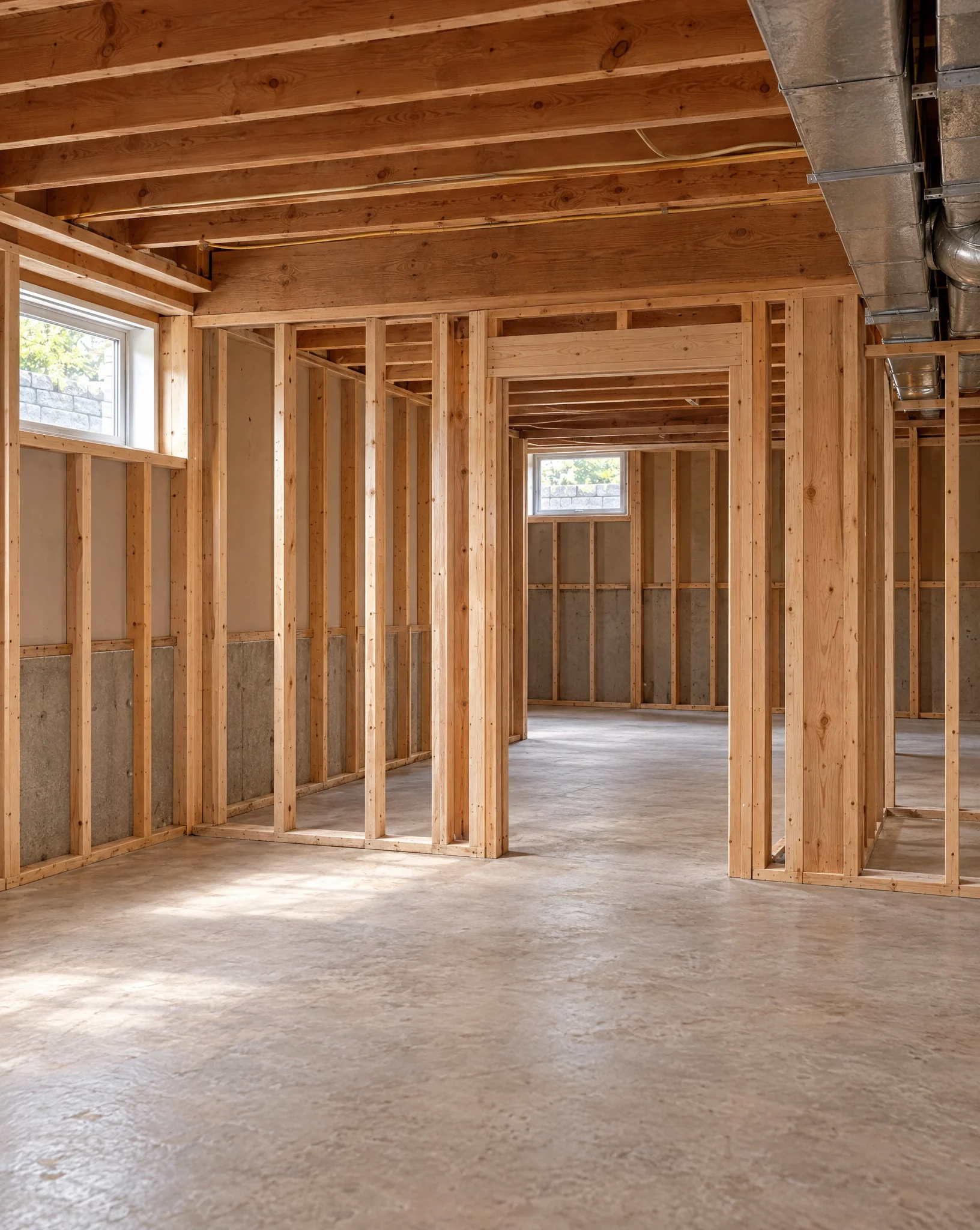 Illustrative basement during remodeling with framed walls and open ceiling; not a documented Three Strands project