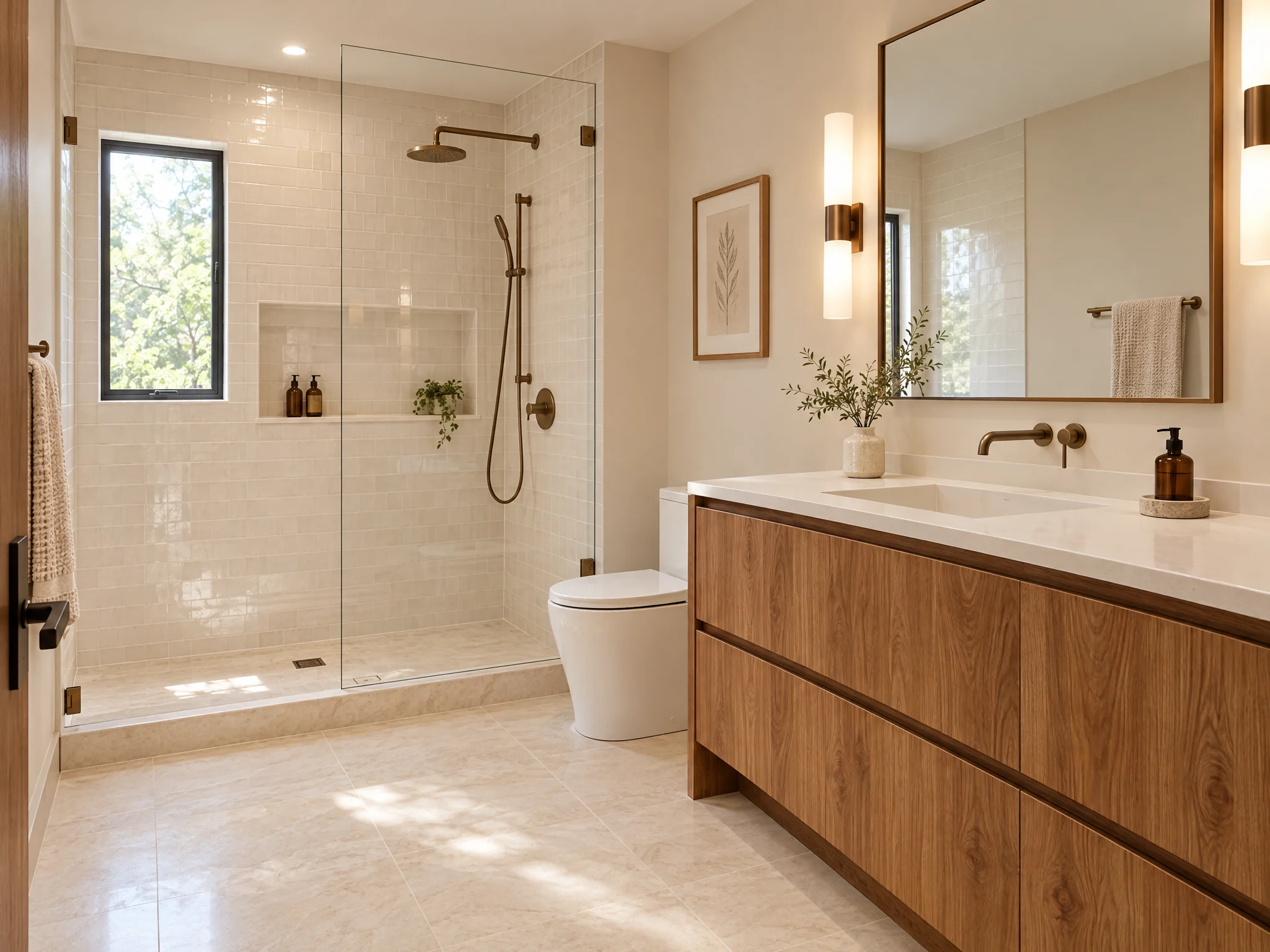 Illustrative remodeled bathroom with a walk-in tile shower and oak vanity; not a completed Three Strands project